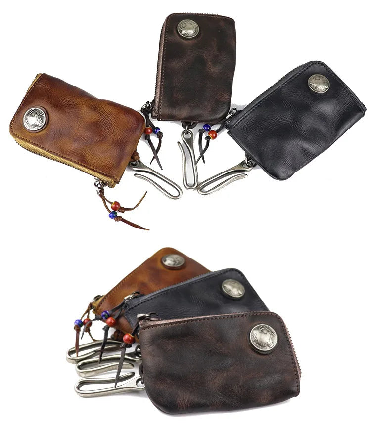 Natural Leather Key Wallet for Men Short Zipper Car Key Holder Real Leather Coin Purse Card Case Bag Keys Organizer Housekeeper