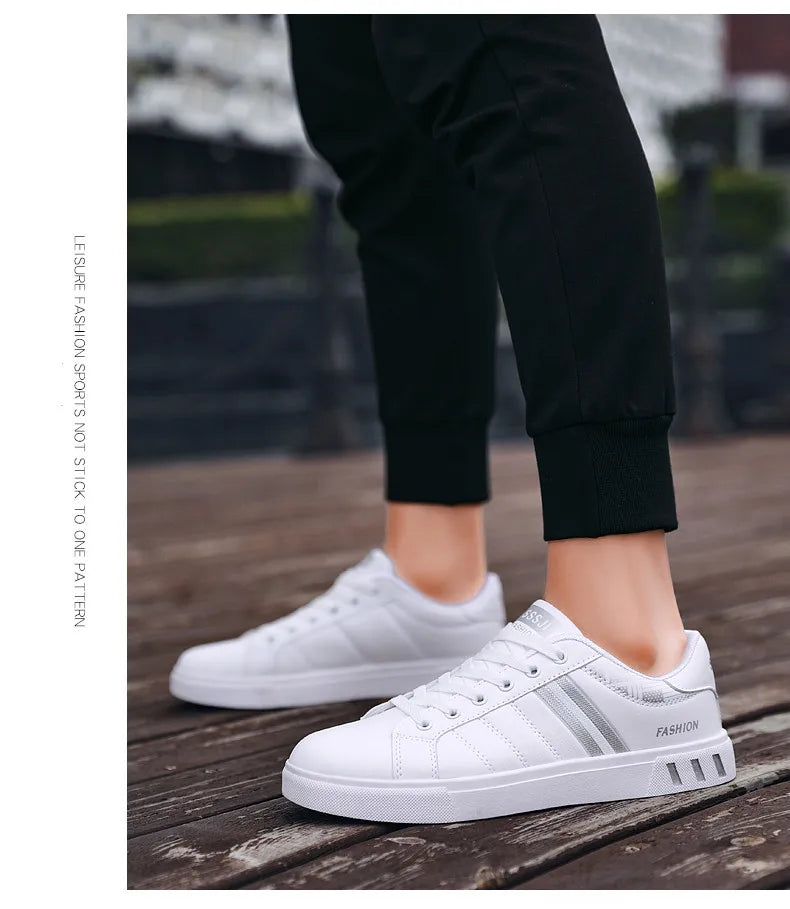 Men's Casual Sports Shoes for Men Lightweight PU Leather Sneakers  Breathable Mens Flat WhiteTennis Shoes
