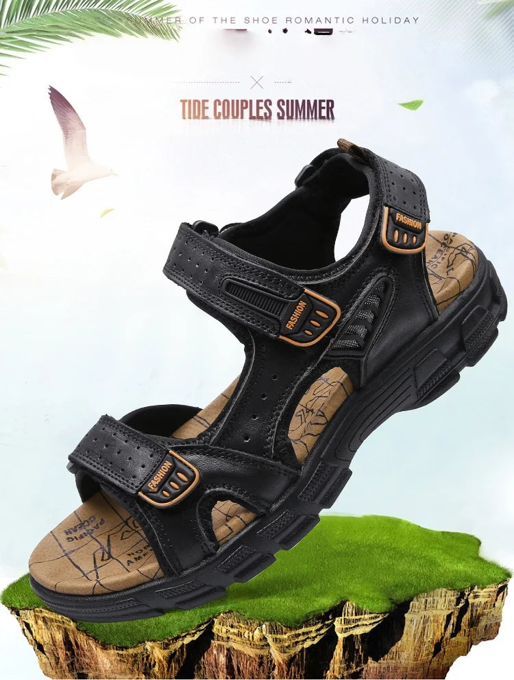 Men's shoes summer plus size shoes hollow soft bottom layer cowhide sandals casual sandals light outdoor beach shoes 38-46