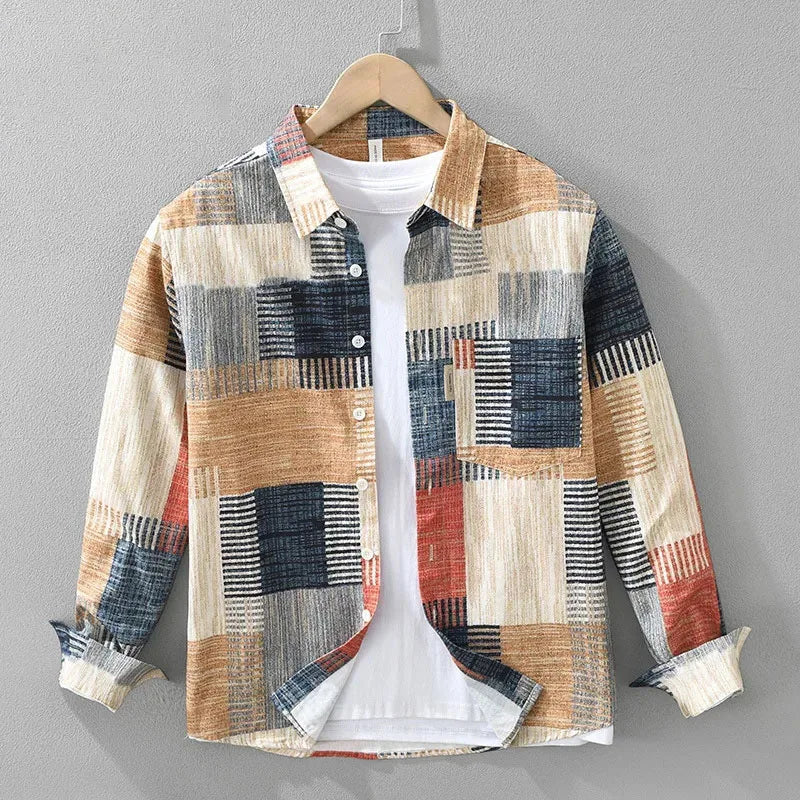 Men's Casual Shirt Japan Style Good Quality Vintage Printing Long Sleeve Loose Casual Lapel Blouse Daily Tops