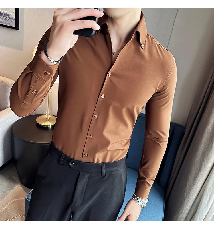 Men Dress Shirt 2025 Autumn British Style Solid Casual Slim Fit Formal Camisas V-neck Long Sleeves Shirt Streetwear Men Clothing