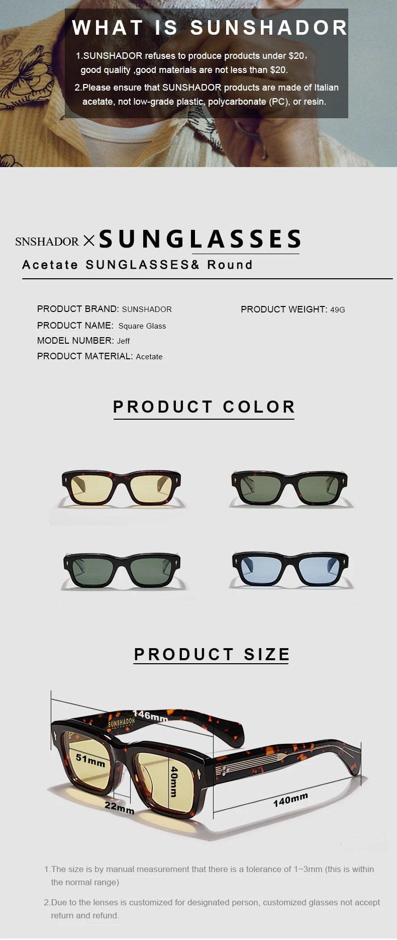 Luxury Designer Sunglasses for Men Acetate Handmade Top Quality Glasses Brand Original Women Outdoor Protection Sunshade Eyewear