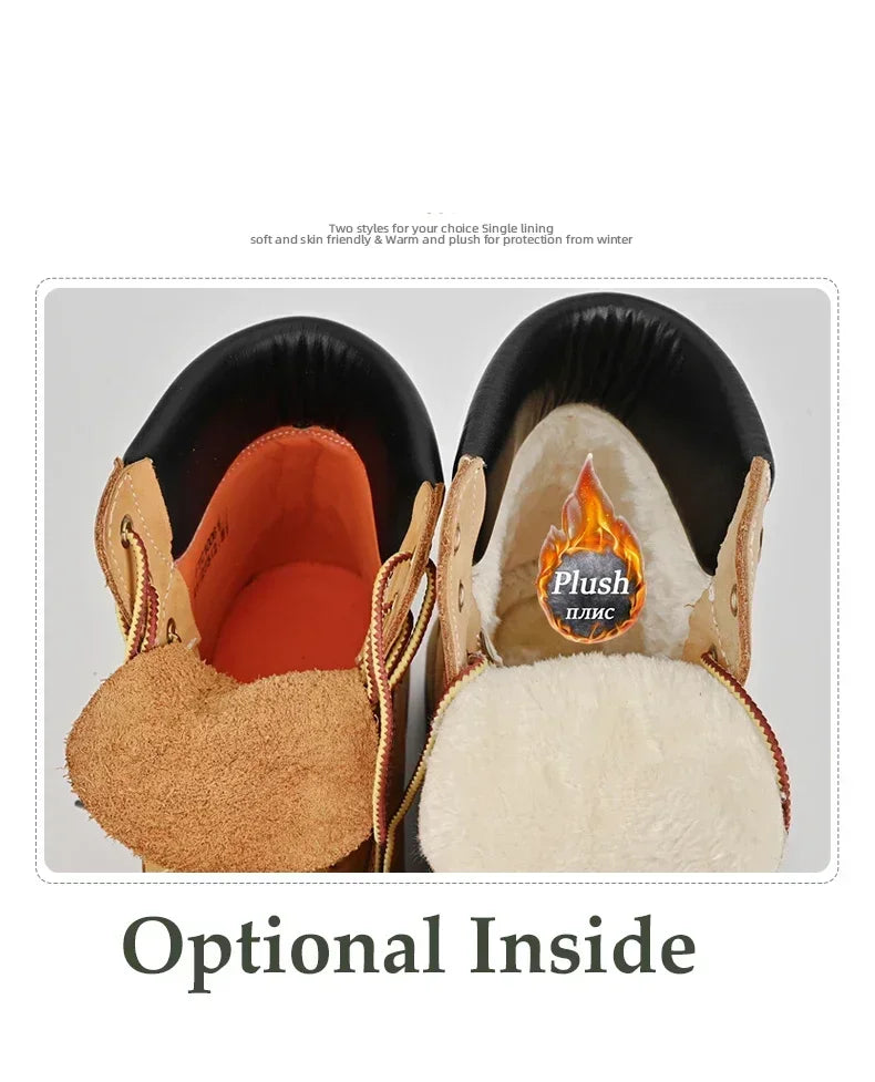 Men Boots High Top Boots Men's Leather Shoes Winter Fashion Plush Warm Shoes Outdoor Sneakers Lace Up Non-Slip Ankle Boots Male