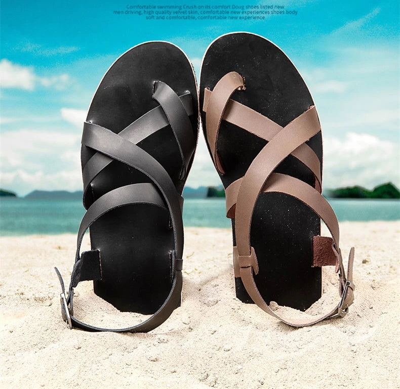 New Summer Sandals Men Open Toe Genuine Leather Sandals Hollow-out Retro Handmade Comfortable Breathable Outdoor Beach Shoes