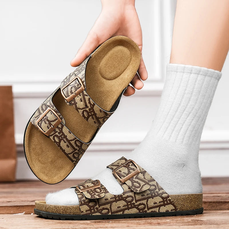 2025 Luxury Cork Slippers for Men Fashion Print Designer Slides Man Summer Mules Slippers Men Comfortable Brand Sandals Unisex