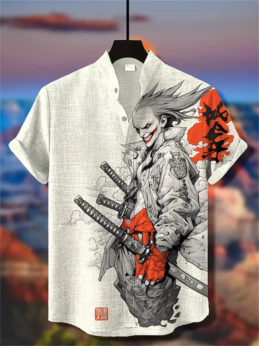 Men's short-sleeved shirt with samurai print and stylish ink painting design, summer casual men's top, trendy retro streetwear.