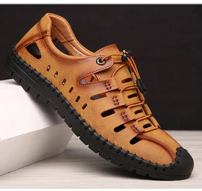 New 2025 Summer Shoes Men Sandals Genuine Leather Flat Non-slip Holiday Fashion Male Footwear Black Yellow D326