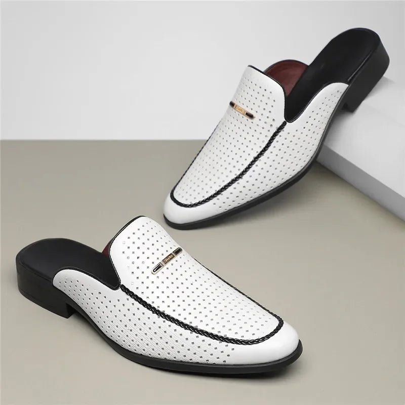 Men's Yellow White Black Half Slippers Driving Shoes 2025 New Casual Patent Leather Mules Loafers Zapatos Hombre
