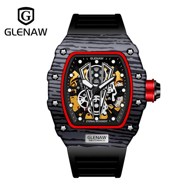 GLENAW Brand Automatic Mechanical Watch Men Casual Sport Rubber Strap Wristwatch Luminous Waterproof Mechanical Watches Relogio