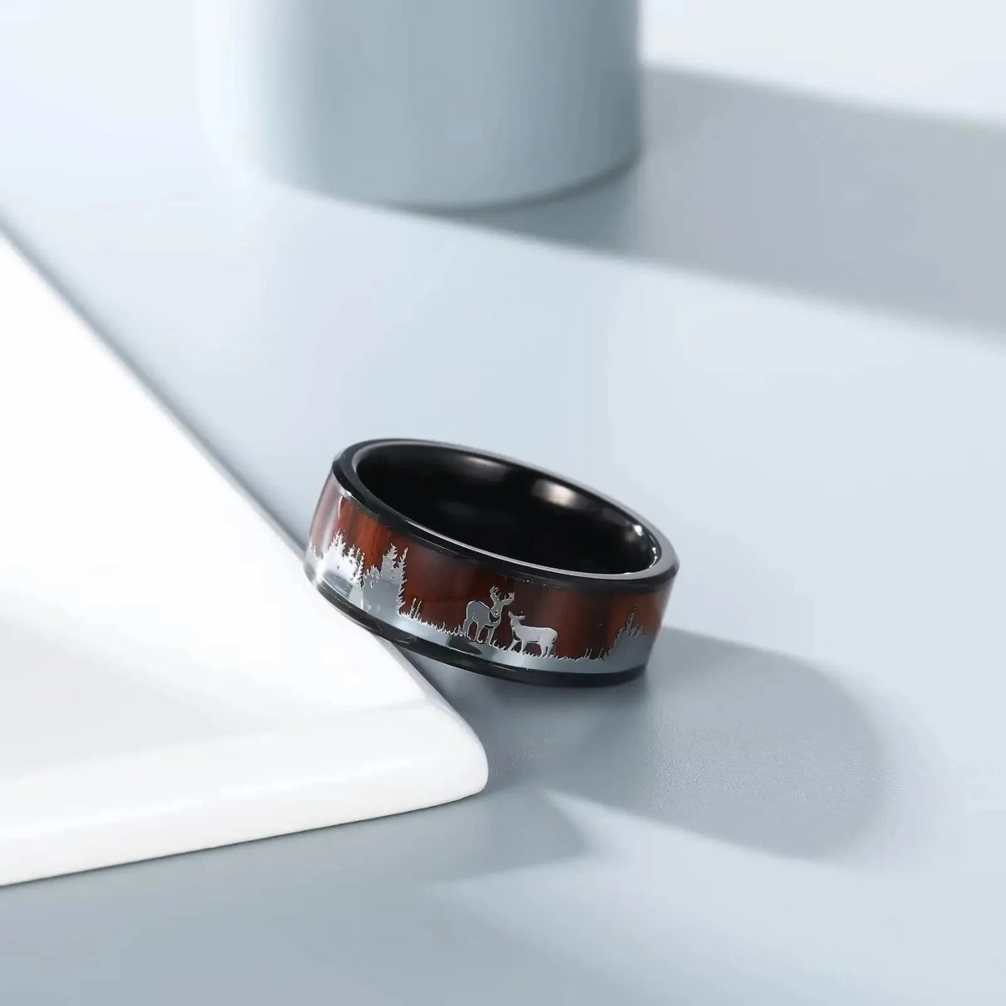 Fashion Deer Family Black Hunting Stainless Steel Rings for Men Women KOA Wood Inlay Beveled Polished Edge Wedding Bands Jewelry