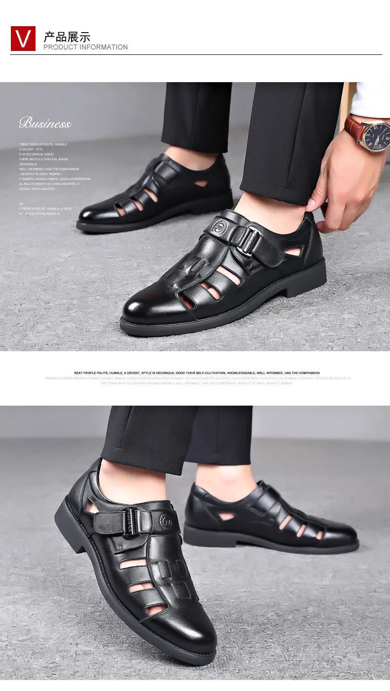 Men's Summer New Style Business Casual Genuine Leather Sandals With Hollow Outsole Anti-Slip Middle-Aged Father Leather Shoes