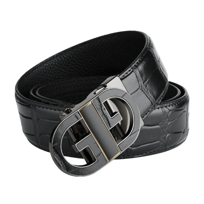 Men's Sleek Automatic Buckle Belt - Genuine FauxwithTextured Square Pattern, Black, Simple & Stylish DesignforCasual Attire