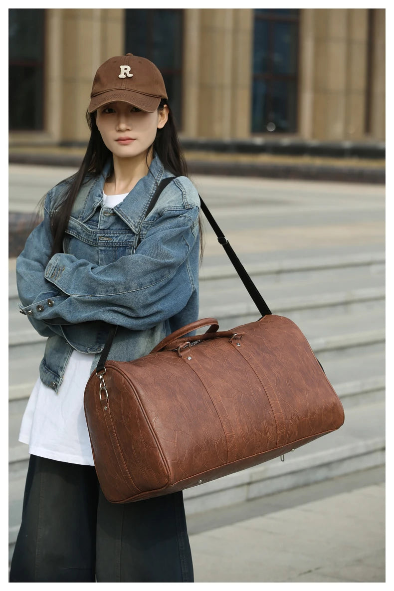 Soft Leather Travel Bag Large Capacity Fashion Weekend Bag Handle Bag Lightweight Sports Gym Bag With Separate Shoe Compartment