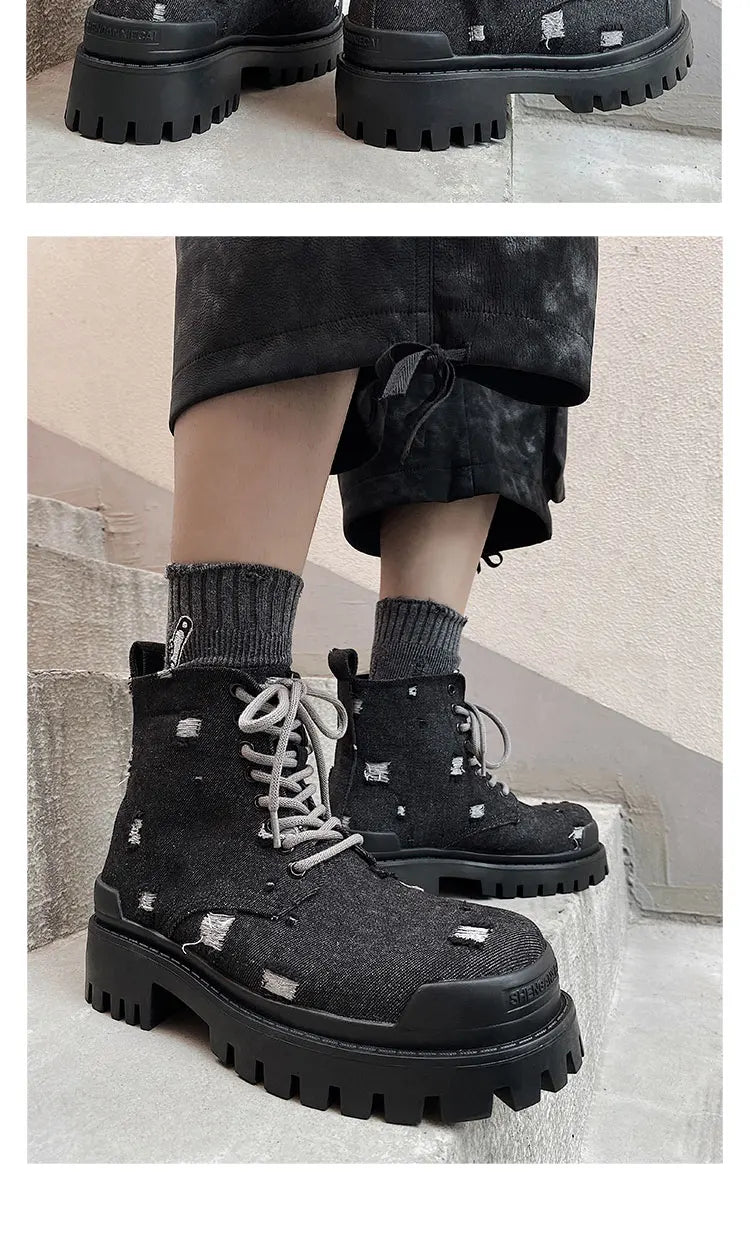 Mating boots for men new design black washed denim canvas short boots distressed style thick soled shoes Street Style