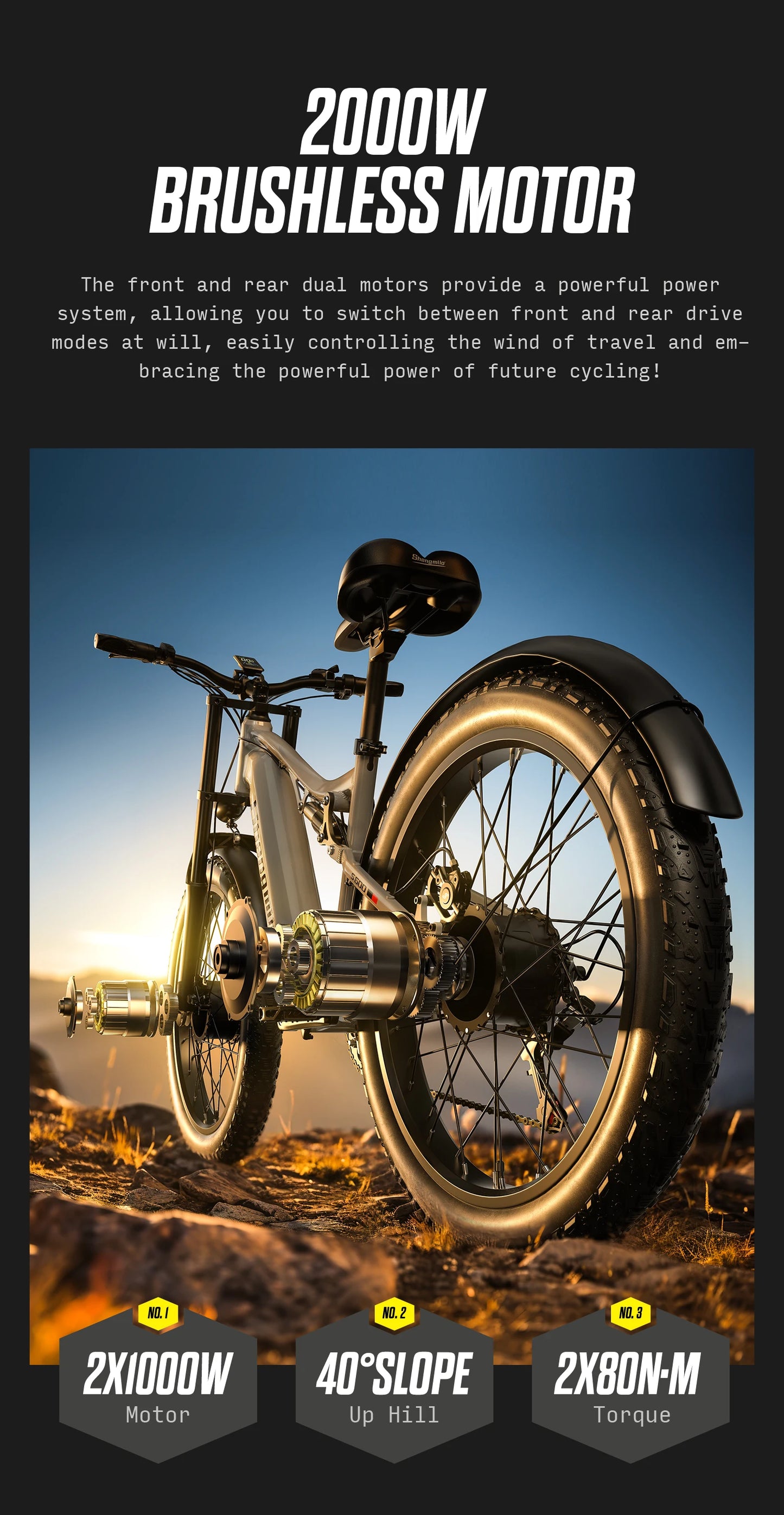Shengmilo S600 Electric Bike Dual Motor2000W  48V17.5AH Battery 26 Inch e bike Fat tire Ebike Men's Mountain Electric Bicycle