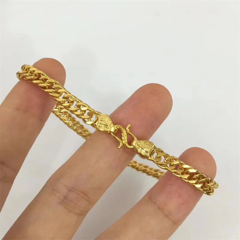 9999 24K real gold jewelry flat bracelet boss Fu's head hand jewelry men's and women's bracelet