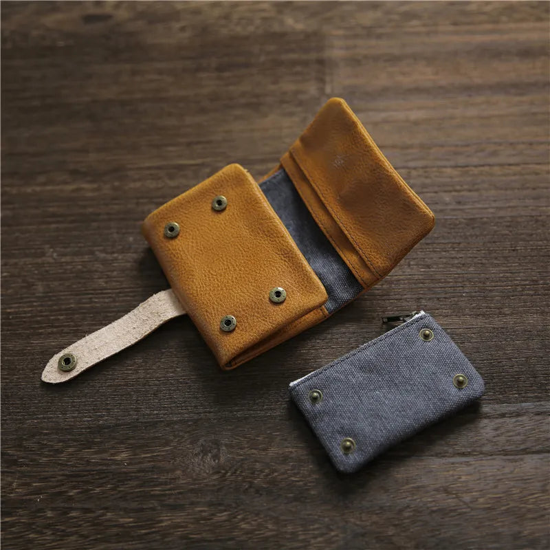 2025 Handmade Wallet Men's Short Leather Triple Fold Money Clip Cowhide Youth Buckle Student Vertical Vegetable Tanned Leather