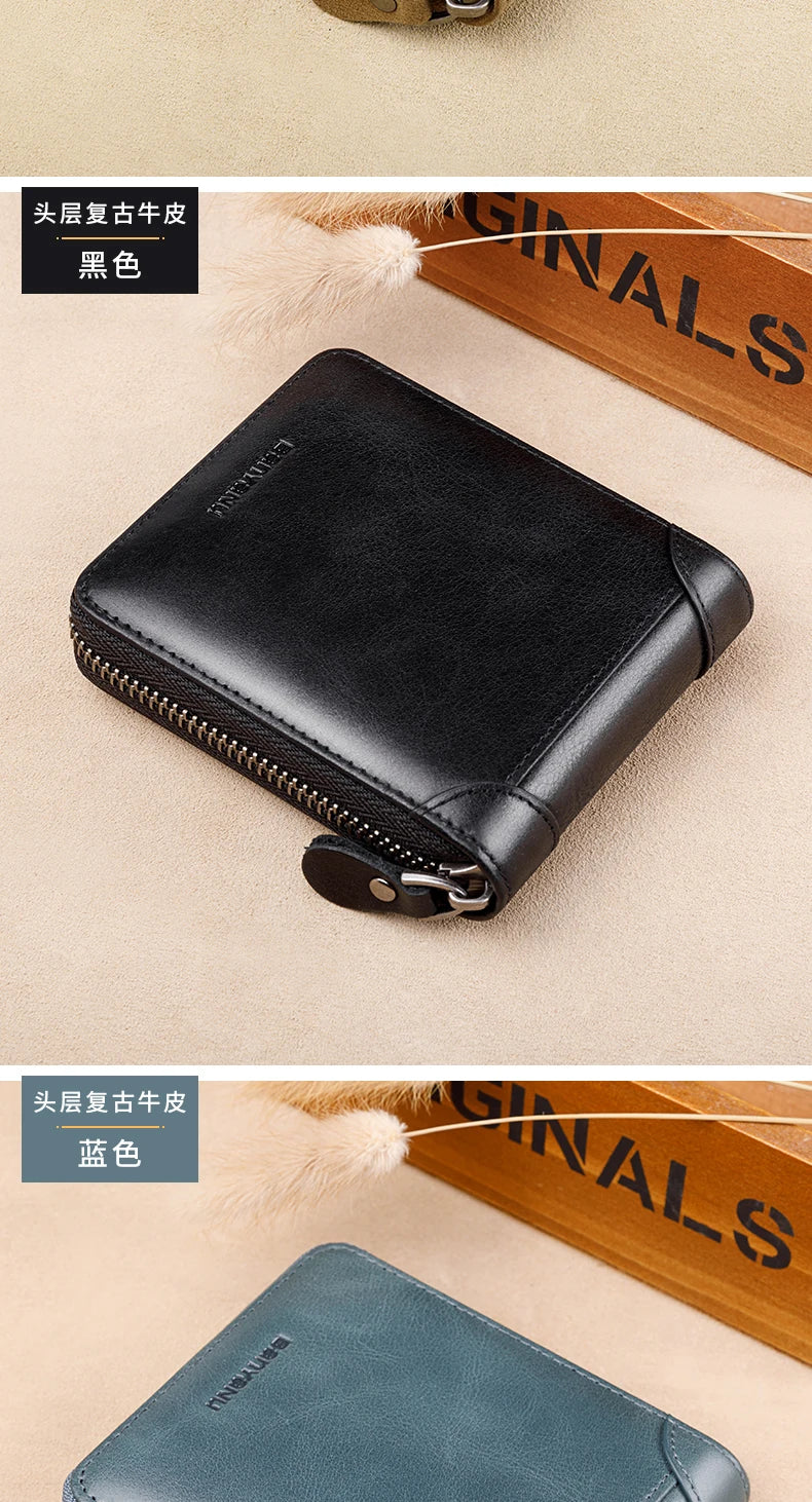 Fashion Genuine Leather Wallet For Men Zipper Complete Closure Wallet Driving License Credit Card Holder Coin Bag Men's Wallet