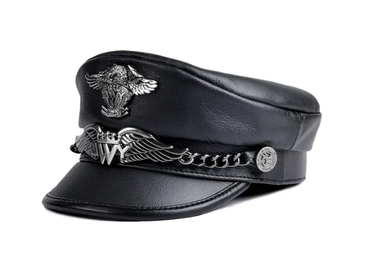 Unisex German Military Cap Man Genuine Leather Flat Top Hat Korean Fashion Eagle Mark Chain Punk Locomotive Casquette Male