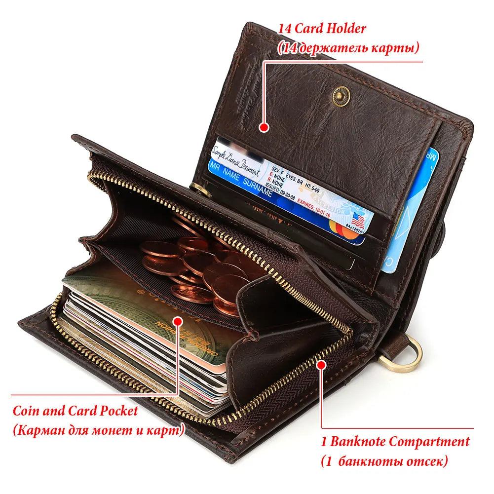 Real Leather Wallet for Men RFID Blocking Credit Card Holder Purse Male Short Bifold Zipper Coin Pocket with Anti-Theft Chain