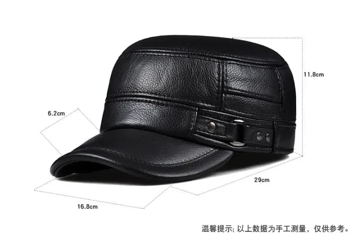 Winter Genuine Leather Cap Men's Flat Caps  Military Hat Elegant Man Baseball Cap British Vintage Cowhide Ear Warm Hat