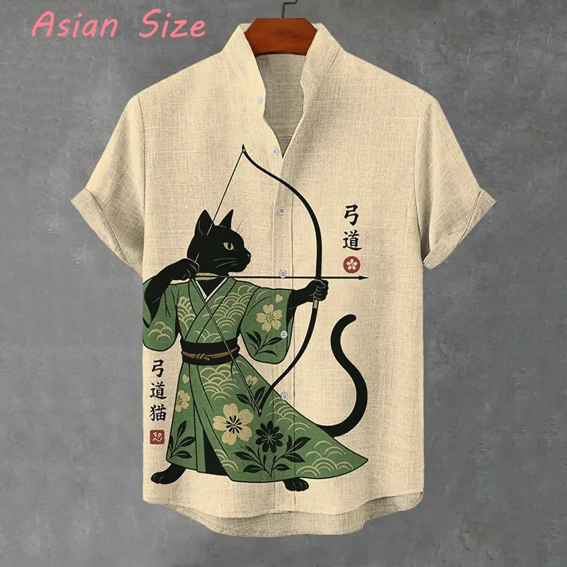 Summer Men's Retro Cartoon samurai Cat Theme Short Sleeve Shirt vintage japanese style Casual Vacation Streetwear Men's camisas