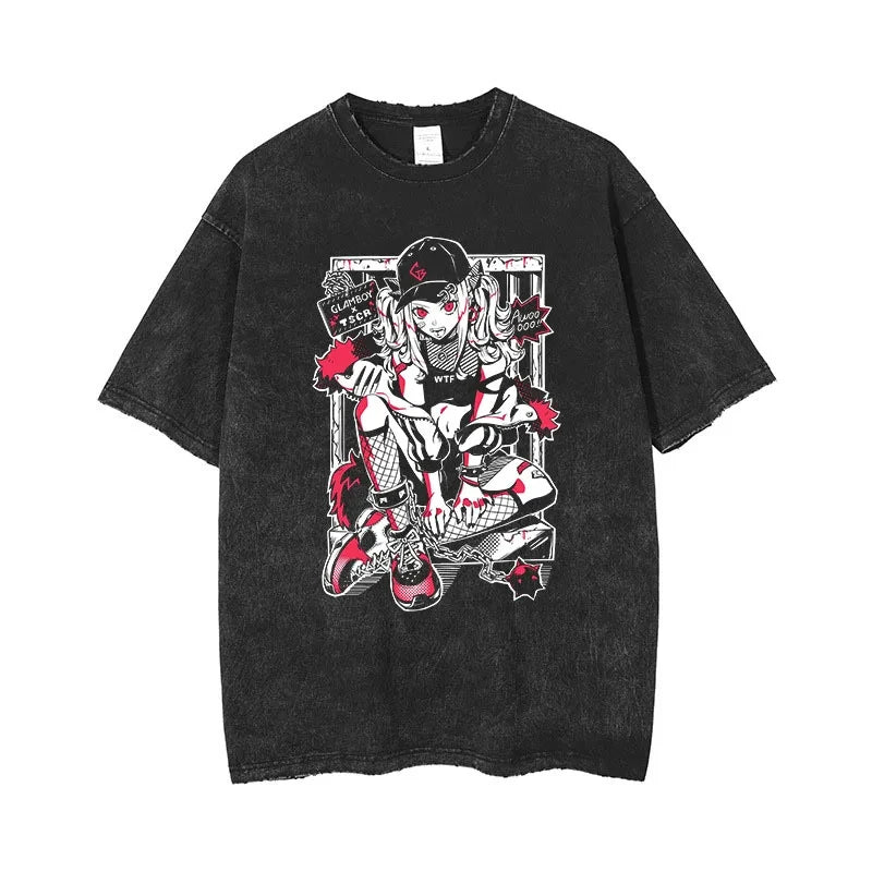Anime Men's T Shirts Gothic Printed T-Shirt Hip Hop Streetwear Punk Summer Vintage Washed Oversized Tops Men Clothing