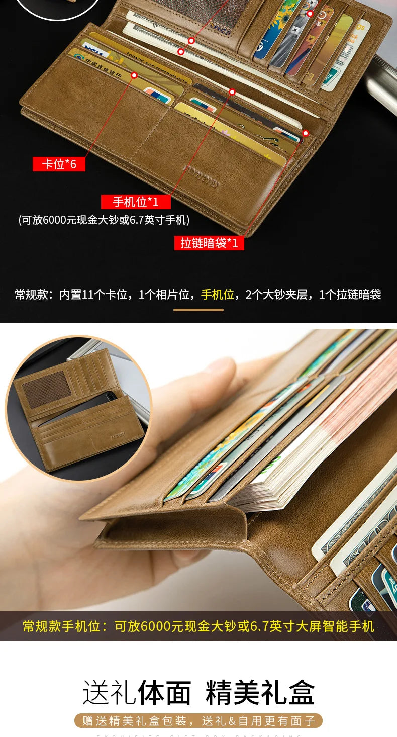 Banyanu Leather Factory Wallet Men's Long Leather Ultra Thin Anti theft Brushed Leather Wallet with Zipper Leather Wallet