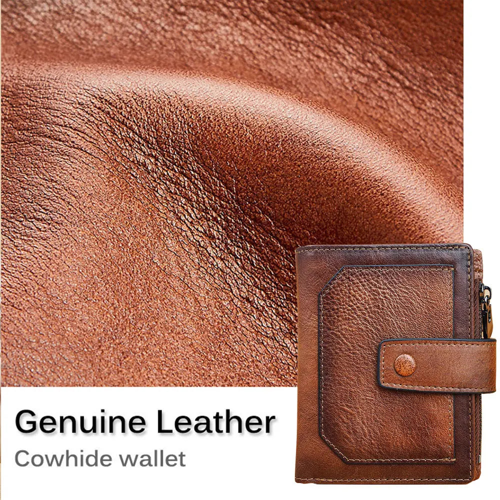 Vintage 100% Genuine Leather Men's Wallet RFID Blocking Trifold Short Multi Function Money Clip Large Capacity Zipper Coin Purse