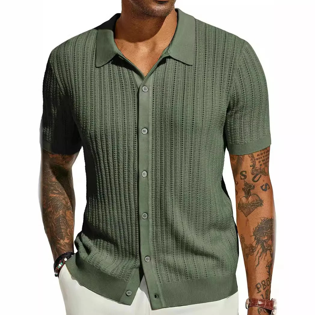Men Knitted Shirt Short Sleeve Tee Lapel Shirt Male Summer Lapel Cardigan Breathable Single Breasted Knitted Top