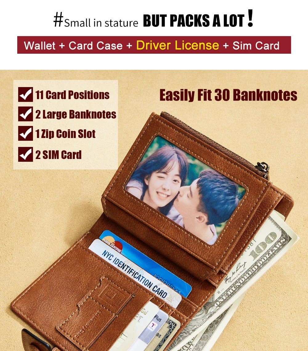 Vintage 100% Genuine Leather Men's Wallet RFID Blocking Trifold Short Multi Function Money Clip Large Capacity Zipper Coin Purse