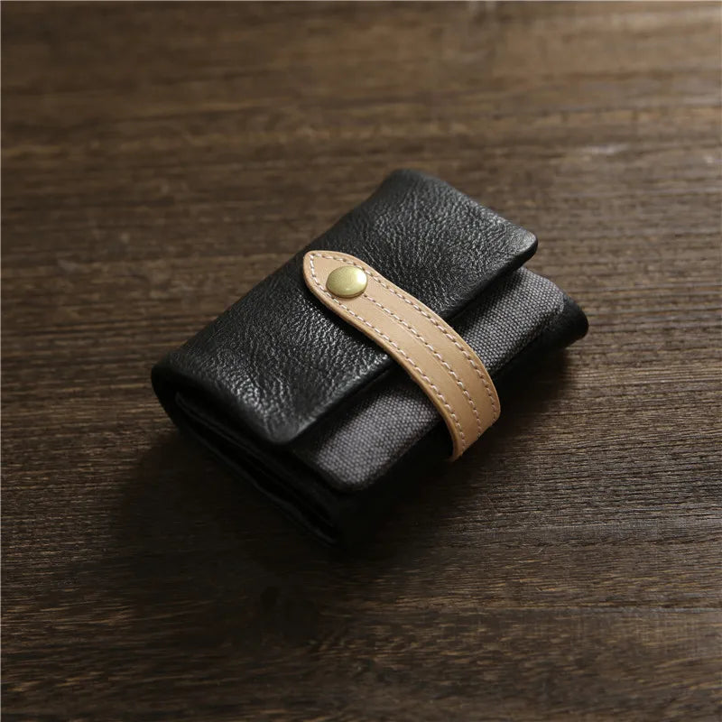 2025 Handmade Wallet Men's Short Leather Triple Fold Money Clip Cowhide Youth Buckle Student Vertical Vegetable Tanned Leather