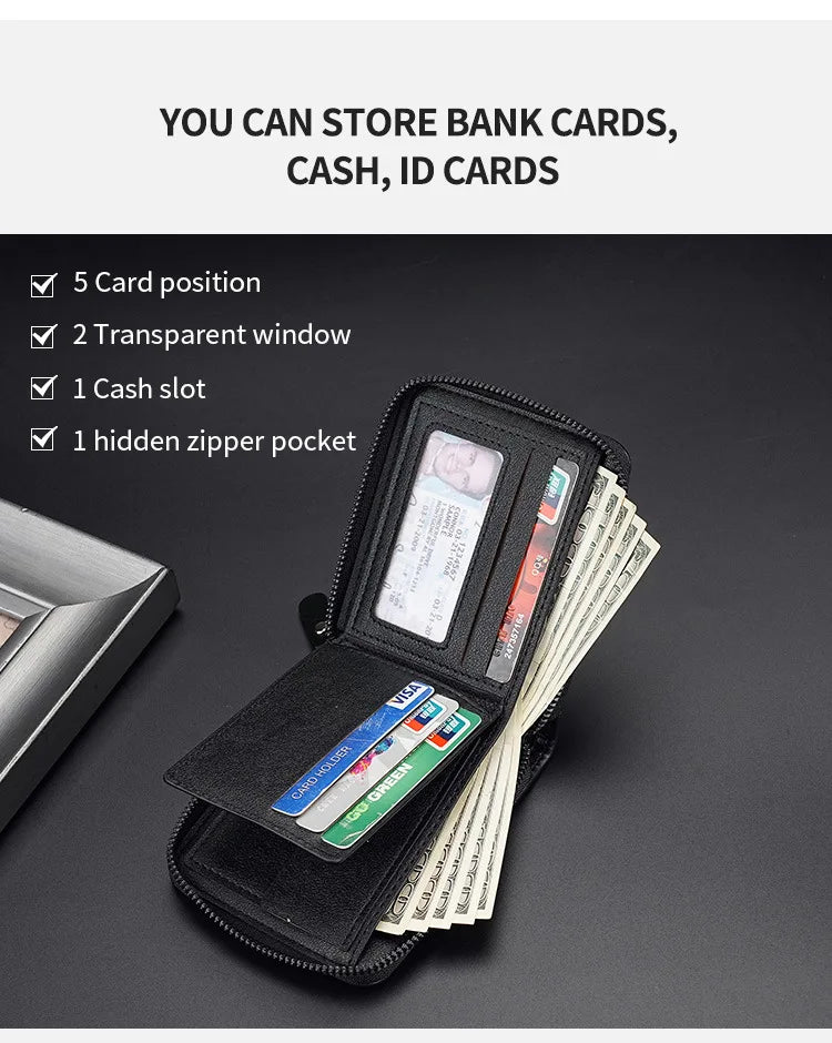 Leather Men’s Wallet Luxury Mens Purse Male Zipper Card Holders with Coin Pocket Rfid Wallets Gifts for Men Money Bag