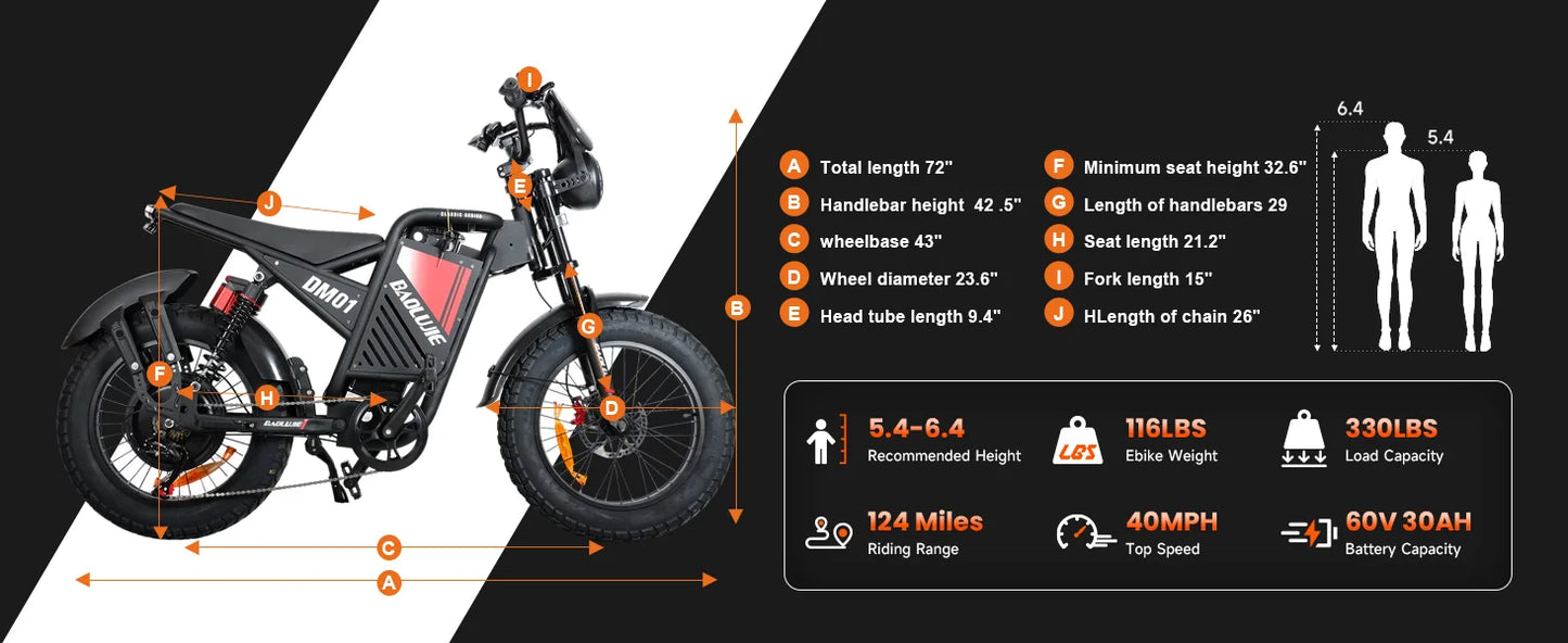 BAOLUJIE DM01 electric bicycle Moto Electric Bike for Adults 2000W Motor Electric Bike 60V30AH Moto 42MPH EBike【1 Year Warranty】