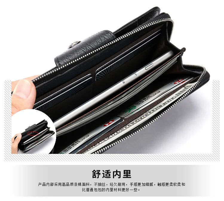 Leather long wallet men's top layer cowhide black business wallet horizontal square hand-held bag