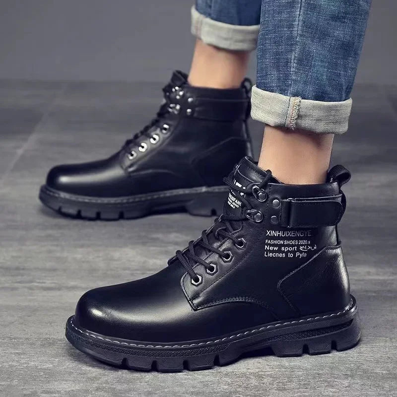 Winter Men's High Top Boots Trendy Black Motorcycle Boots Outdoor Warm Platform Boots Men Lace-up Leather Boots Bota Masculina