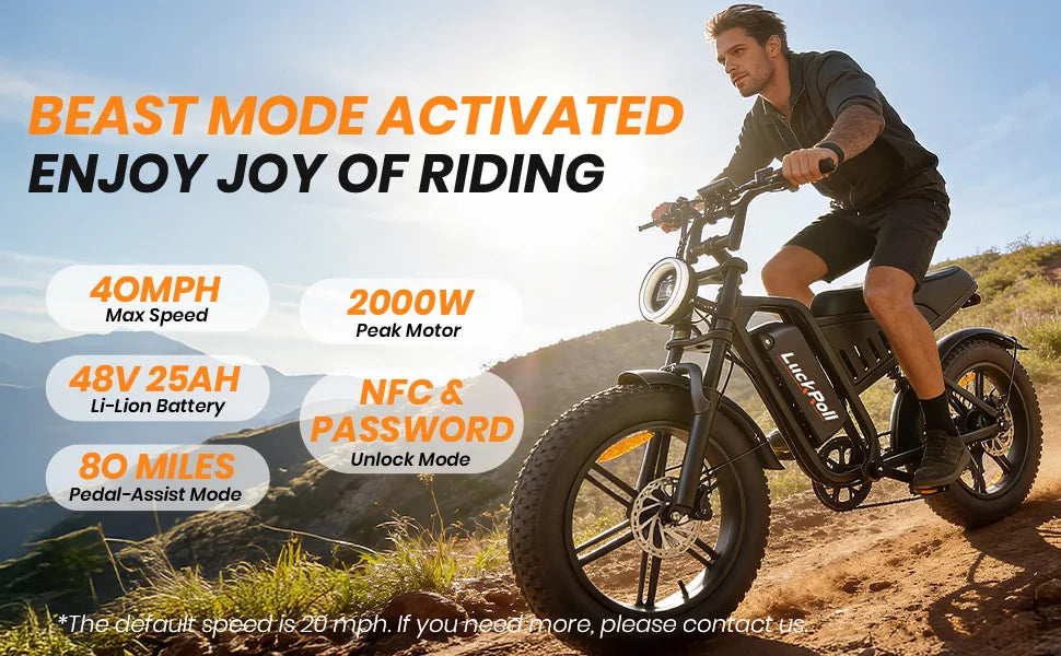 1000W Ebike for Adults,  20" Fat Tire Electric Bike, NFC & Password Unlock, 48V 15/25Ah 60-80 Miles 33-40MPH Electric Bike Moped