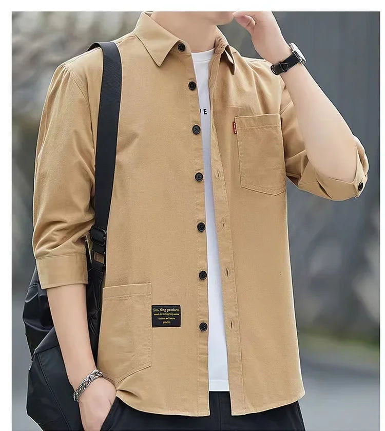 Men shirts Summer Men's clothing Short-Sleeved shirts & blouses Daily Solid Color Stand-Up Collar Casual Beach Style Male Shirt