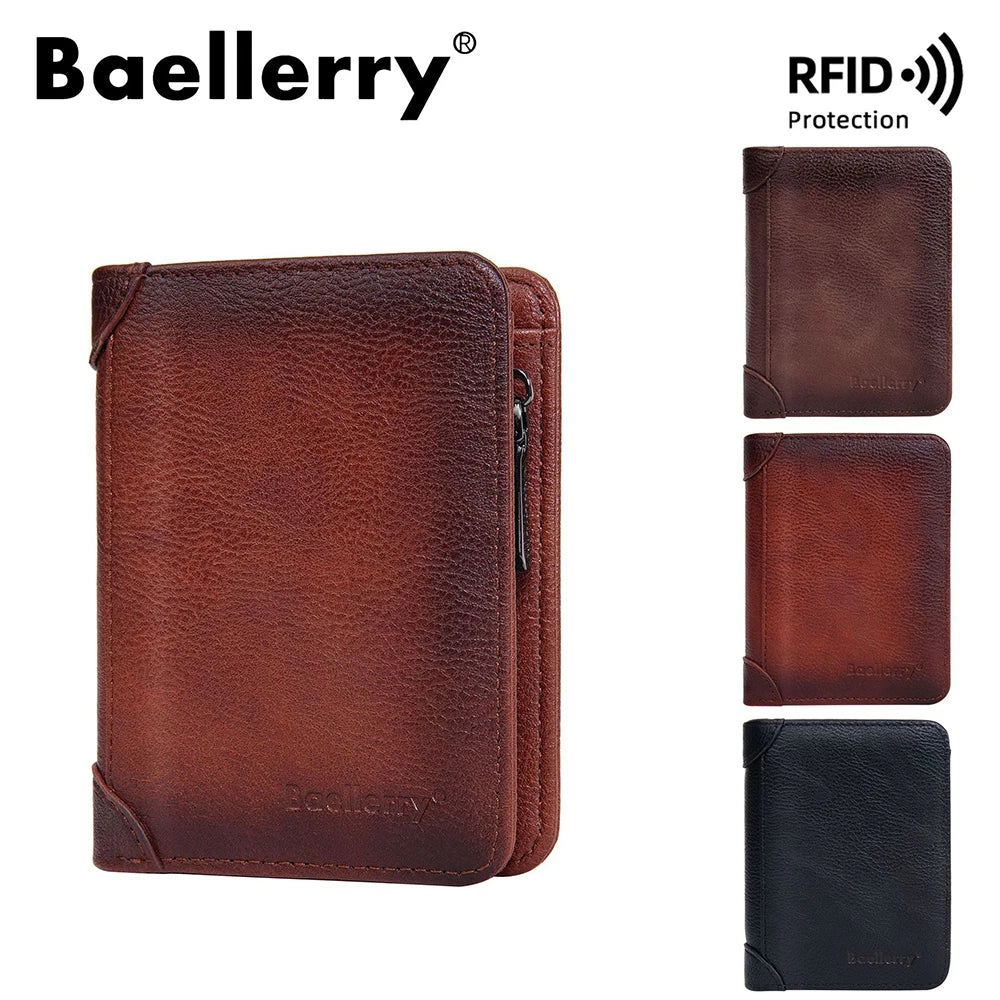 Vintage Leather Wallet for Men Baellerry RFiD Blocking Short Bifold Wallet with Zipper Closure and Coin Pocket Small Mens Purse