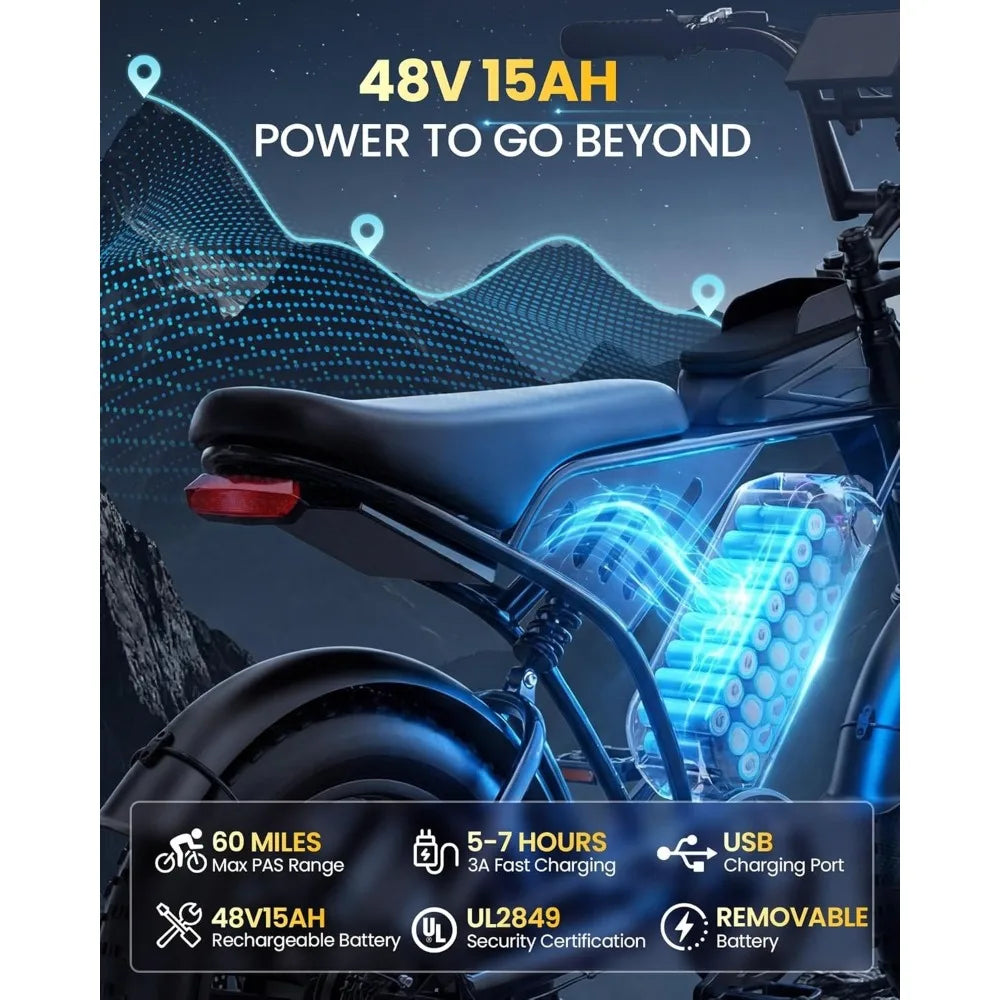 Electric Bike for Adults, 1500/2000W Peak 33/40MPH E-Bike 60/80Miles with NFC & Password Unlock, 48V 15/25Ah Removable Custom