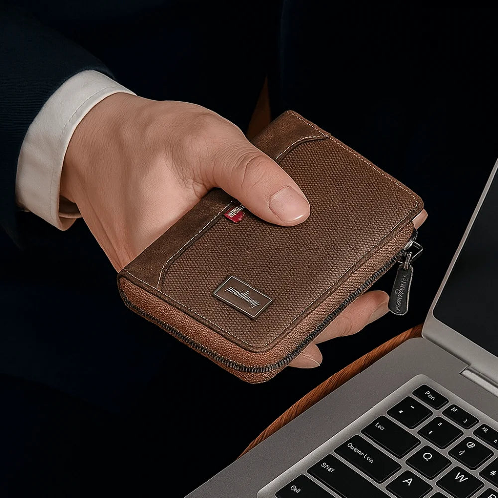 Portable PU Leather Men's Wallet Multi-functional Large Capacity Short Card Bag Zipper Closure Square Business Wallet Male