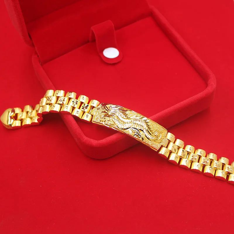 Real 18K Gold Color Dragon Flower Bracelet for Women Men Chain Pure Golden Plated Bracelet Bangle Fine Jewelry Gifts