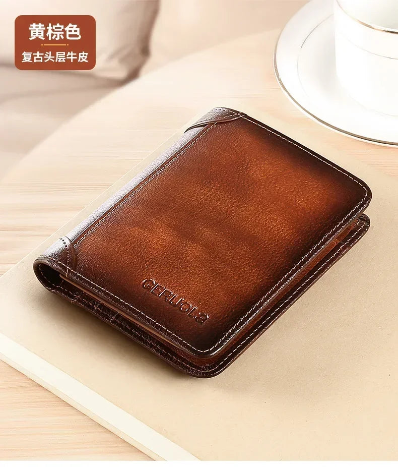 Men Wallet Genuine Leather Rfid Blocking Trifold Wallet Vintage Thin Short Multi Function ID Credit Card Holder Male Purse Money