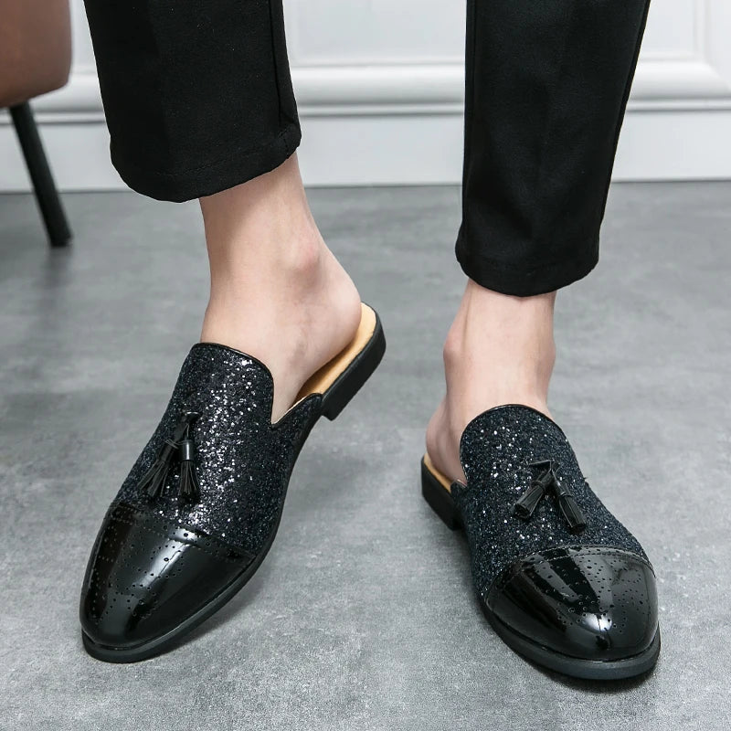 2024 New Luxury Designer Men's Casual Bling Leather Loafers Italian for Men Half Shoes Mules Male Black Slides Business Slippers