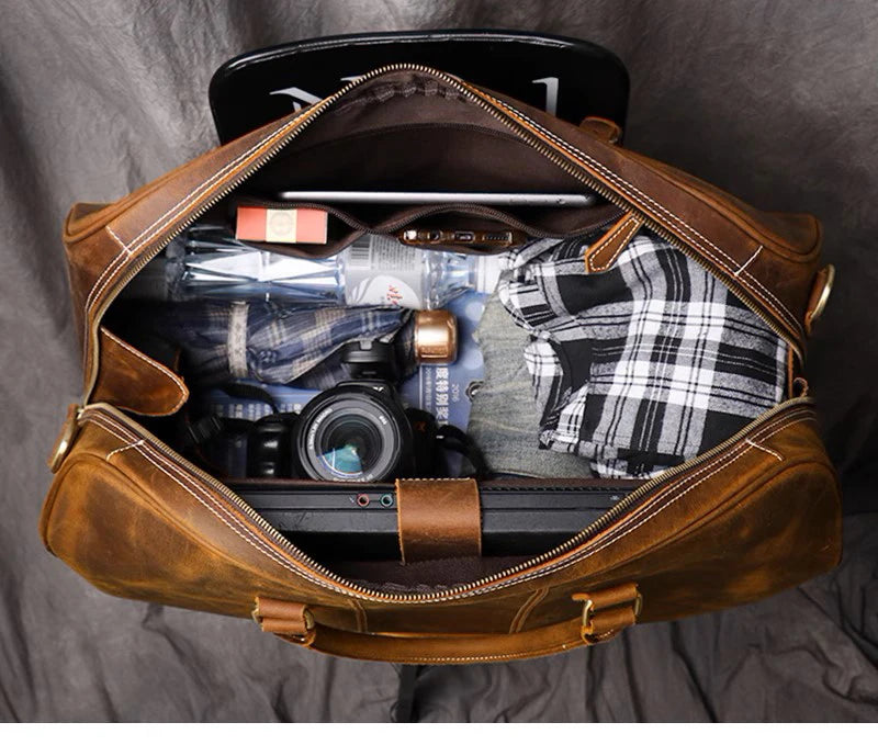 Leathfocus Men's Head Cowhide Travel Tote Crazy Horse Leather Crossbody Bag Women Camping Luggage Bag 14" Laptop Travel Bag