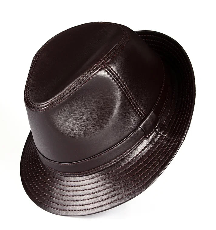 Real Leather Quality Genuine  Jazz Fedora Gentleman  SheepSkin Short Brim Black/Brown Hip Pop Fitted Top Hat Male Shows
