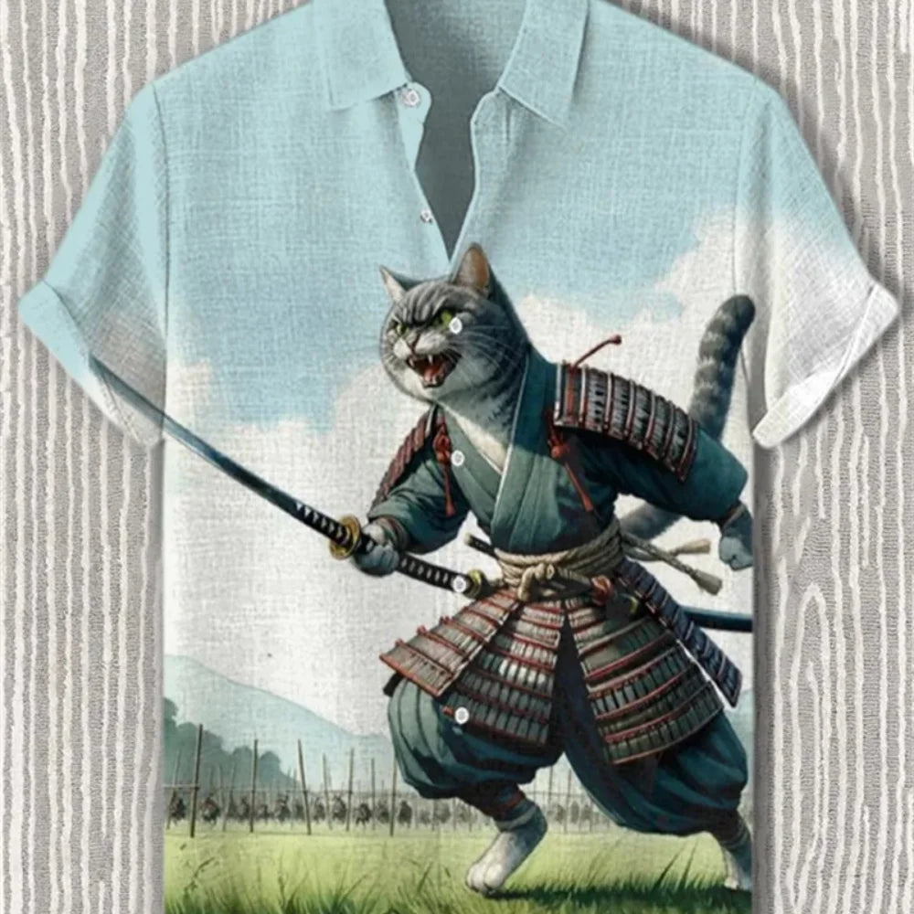 Men's Japanese Retro Art Samurai Cat Printed Linen Shirt Short Sleeve Button up Classic Lapel Design Street Casual Social Top