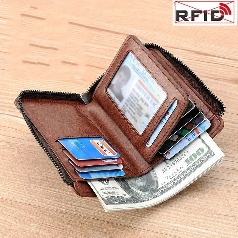 Leather Men’s Wallet Luxury Mens Purse Male Zipper Card Holders with Coin Pocket Rfid Wallets Gifts for Men Money Bag