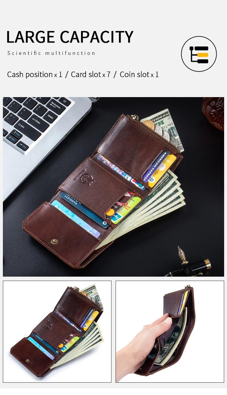 Genuine Leather Wallet for Men Minimalist Tri-Fold Purse with RFID Protection  Zipper Coin Pocket  Credit Card Slots
