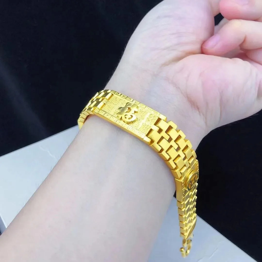 Luxury 24K 9999 Pure Gold real gold Men's Fu Character Men's Bracelet Baifu Watch Chain Classic Boss Bracelet